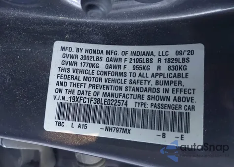 2020 Honda Civic Ex from USA, damaged, VIN 19XFC1F38LE022574